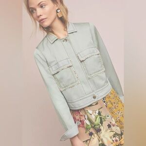 Anthropologie Sage Cropped Utility Trucker Jacket with floral piping detail XS